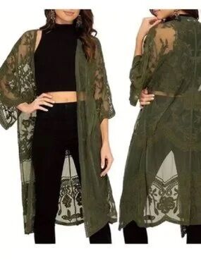 Dizzy Gal Lace Kimono Cardigan Olive Green Sheer Boho Layering Women’s Medium